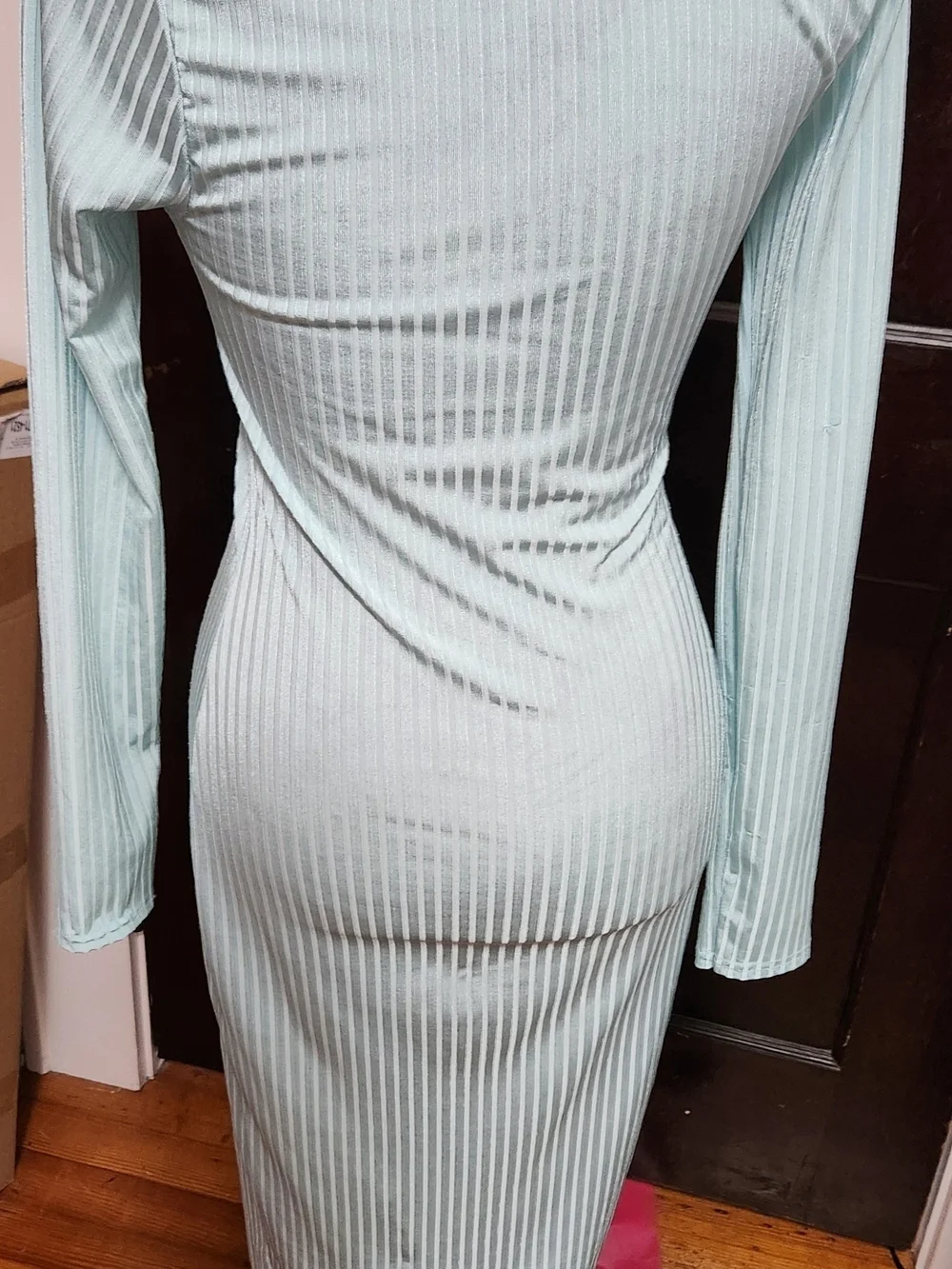 Boohoo Ribbed Long-Sleeve Bodycon Dress in Blue S/M